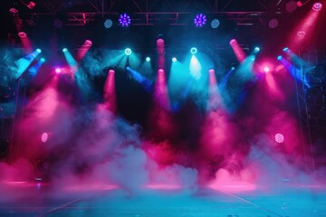 Fototapeta na wymiar Concert Stage Scenery With Spotlights Colored Lights Smoke