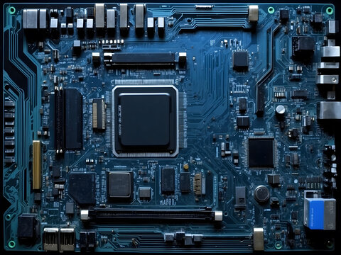 Blue neon computer motherboard background - technology design.