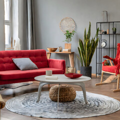 Real photo of a comfy living room interior with a round table on gray rug, wicker armchair. Generative AI.