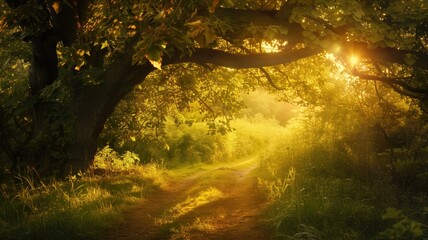 Obraz na płótnie Canvas A mystical path winds through a sun-dappled forest, inviting exploration at dawn