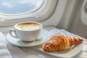 Cup of fresh coffee and croissant in a business class airplane