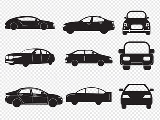 Car icon silhouettes, Sports car Vehicle icons set view from side, front, vector illustration,