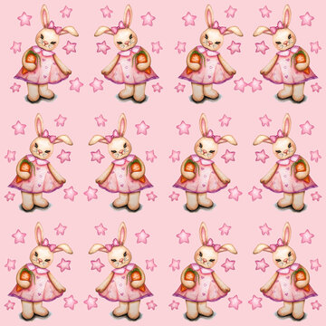 Seamless pattern with cute rabbits illustration. Hand drawn cute bunny in pink dress pattern, print design rabbit background, children print textile design