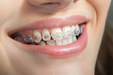 closeup of clear braces on an adult, slight grin