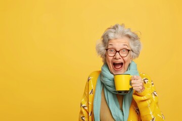 Excited granny drinks a morning energetic coffee Isolated on color background - obrazy, fototapety, plakaty