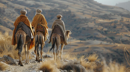 three wisemen travelling on a camel in the wilderness in the old bible times