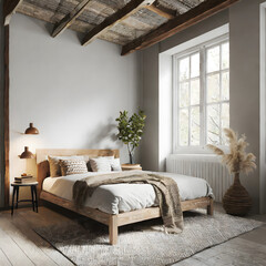Scandinavian farmhouse bedroom interior, wall mockup, 3d render. Generative AI.