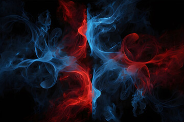 Obraz premium Blue vs red smoke effect black vector background. Abstract neon flame cloud with dust cold versus hot concept. Sports boxing battle competition fog transparent wallpaper design. Police digital banner 
