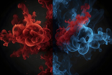 Blue vs red smoke effect black vector background. Abstract neon flame cloud with dust cold versus hot concept. Sports boxing battle competition fog transparent wallpaper design. Police digital banner  - obrazy, fototapety, plakaty