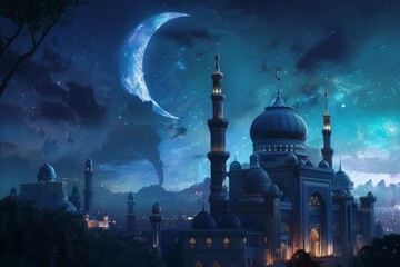 Islamic Silhouette mosques on dusk with crescent moon over mountain, religion of Islam and free space for text Ramadan Kareem, Eid Al Fitr, Eid Al Adha, Eid Mubarak. High quality photo - obrazy, fototapety, plakaty
