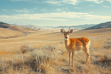 A solitary spotted deer stands alert in the expansive golden grassland landscape.