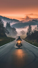 A motorcyclist riding through the countryside on an early spring morning, an empty road with mist over the surrounding fields and valleys, a mystical atmosphere.