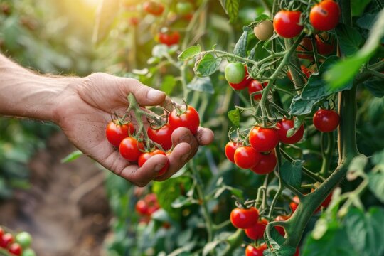 Gardener hand pick red tomato cherry