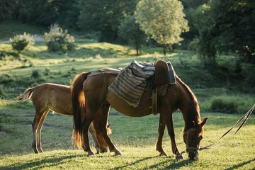 Idyllic scene of two horses grazing on a lush green field surrounded by trees
