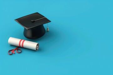 black graduate cap and diploma scroll background, space for text