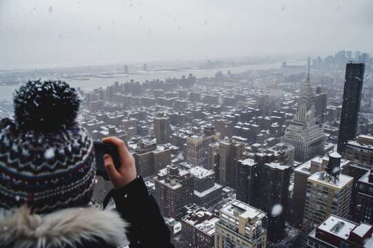 person in beanie taking pictures of snowy cityscape