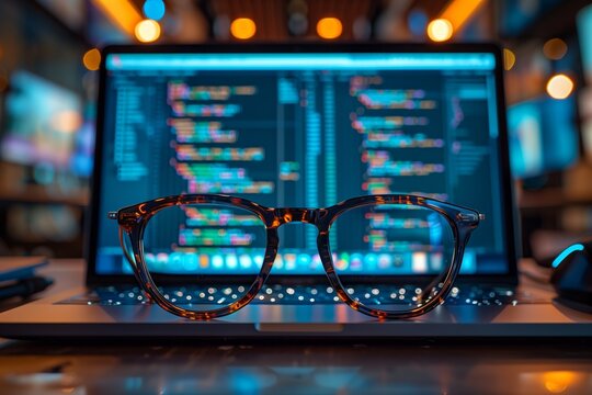 Eyeglasses in focus with code background