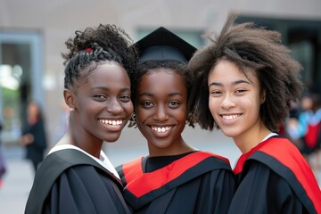 Graduates young multiethnic female friends in graduation gown and cap smiling looking at camera