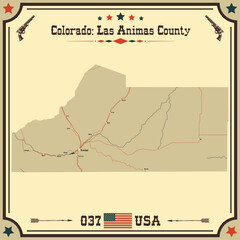 Large and accurate map of Las Animas County, Colorado, USA with vintage colors.