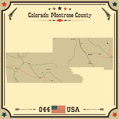 Large and accurate map of Montrose County, Colorado, USA with vintage colors.