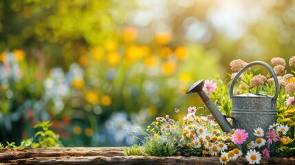 A galvanized watering can surrounded by fresh daisies and colorful flowers on a rustic wooden surface in a sunny garden. - Powered by Adobe