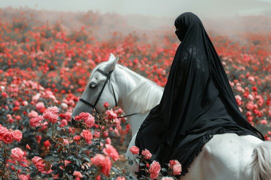 A muslim woman, wearing a black nikab, rides a white horse through a field of pink flowers in a beautiful meadow. The sky is clear, and the scene is peaceful and happy