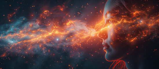 Illustration of power of thought. Portrait of woman with abstract illustration of thoughts energy. Universe, galaxy, mind. 