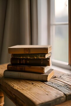classic book stack sitting on wooden desk