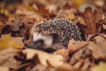 hedgehog nestled in a leafcovered burrow - obrazy, fototapety, plakaty