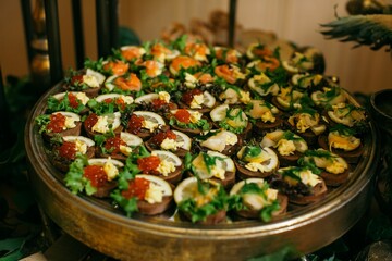 Close-up shot of freshly-cooked food arranged in a colorful pattern served on a silver metal plate