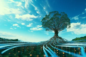 Foto auf Alu-Dibond Surreal digital tree with sprawling roots in an electronic landscape © wazamai