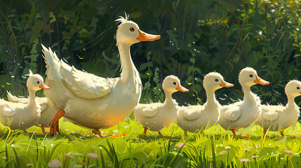 Obraz premium A mother duck leads her row of cute ducklings through the sunlit grass, showcasing family and care in nature