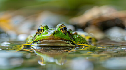 Obraz premium A green frog, a vibrant amphibian, gracefully rests within the tranquil waters of a lake or river, harmonizing with the surrounding natural environment.