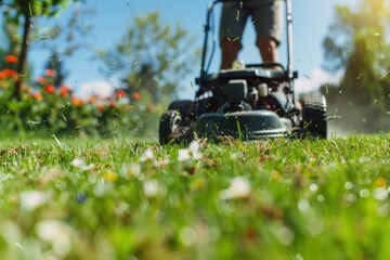 man is mowing the grass with a lawn mower - obrazy, fototapety, plakaty