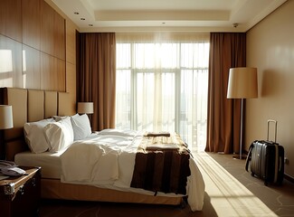 A modern hotel room with a brown and beige color scheme, a large bed in the center of the frame