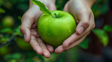 Green apple in hand on the background of leaves