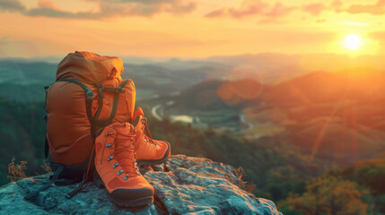 Vibrant orange hiking boots and a sturdy backpack placed atop a rugged cliff, against the backdrop of a breathtaking sunset. - obrazy, fototapety, plakaty