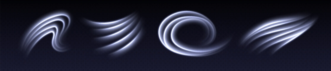 White speed lines, light in motion, glowing light trails. Bright motion effect, luminescent swirls. Vector decoration.
