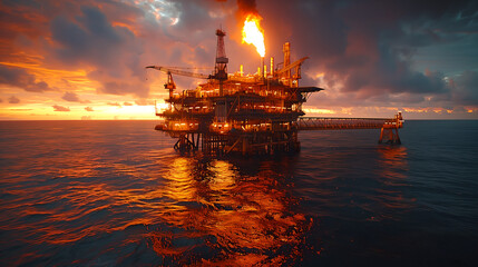 Fototapeta premium Fiery Offshore Rig Against Twilight Sky
