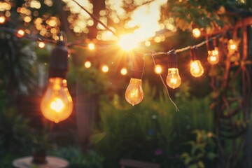Outdoor lighting garden design. Hanging strings of bulbs background - obrazy, fototapety, plakaty