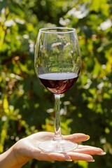 a woman holding up a glass of wine next to a bush
