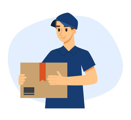 Delivery Man with a Box. Postman Person In Uniform and Cap. Cartoon Flat Vector Illustration.