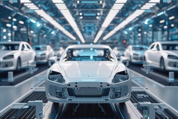 Robot assembly line in car white modern factory