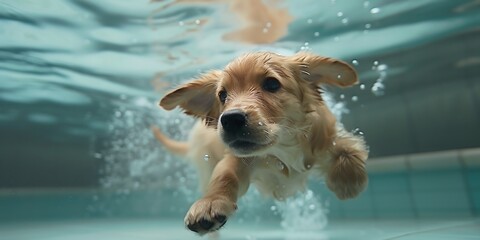 closeup wide angle underwater photo upshot of a dog underwater - obrazy, fototapety, plakaty