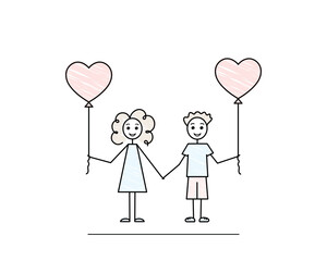 boy and girl with heart shape balloons, teenager s love, cute characters, isolated on white background, black line doodle vector illustration, pencil drawn style