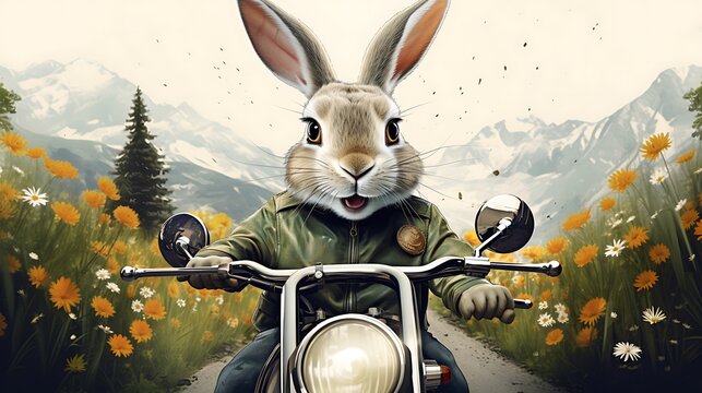 osterhase, motorrad, fahrend, lachend, witzig, cartoon, neu, modern, ostern, frohe, osterkarte, karte, copy space, gelb, gr&uuml;n, blumen, feld, selfie, surreal, hase, boho, bohemian, weiss, hintergrund