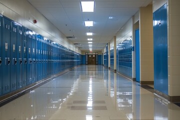 School hallway with nice lights and row of lockers on the wall - obrazy, fototapety, plakaty