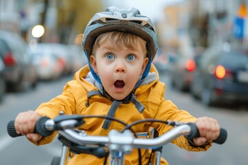 Naklejka premium Shocked funny child with big eyes rides a tricycle in a very busy road