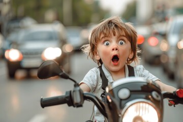 Fototapeta na wymiar Shocked funny child with big eyes rides a tricycle in a very busy road