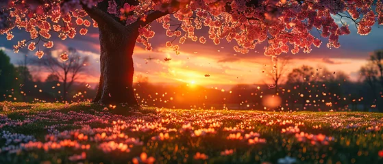 Papier Peint photo autocollant Rouge violet Sunlit Blossoms: Natures Splendor Revealed in the Light, A Canvas of Colorful Flowers Against a Backdrop of Green